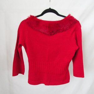 VINTAGE Red Fur Collar Knit Sweater Cropped 3/4 Sleeves Real Rabbit Fur Size-M